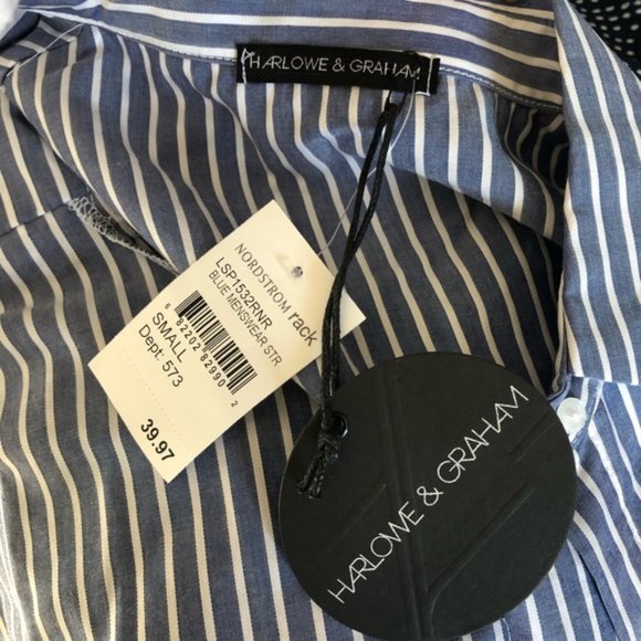 Harlowe & Graham Blue White Striped Cold Shoulder Long Sleeve Button Down Blouse - Picture 8 of 9